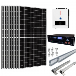Componentes del Kit Solar Off Grid 6.2kW Lefman: inversor 6.2kW, 8 paneles bifaciales y batería litio 5kW