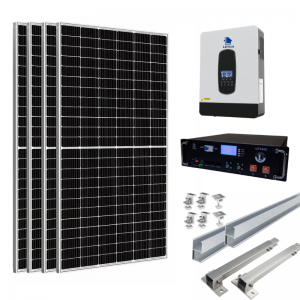 Componentes del Kit Solar Off Grid 3KW Lefman 24V: inversor, 4 paneles bifaciales 585W y batería litio 24V UP2400