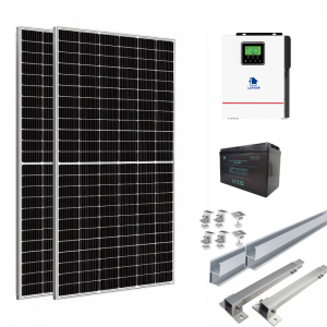 Componentes del Kit Solar Off Grid 2KW Lefman 12V: inversor, batería litio 100A y dos paneles solares 585W